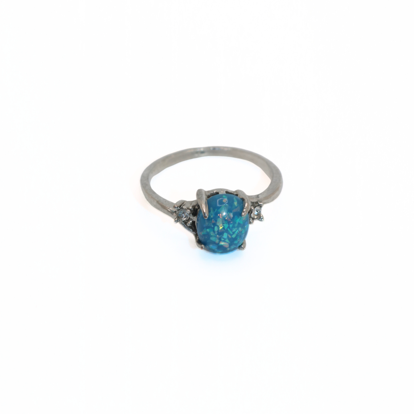 Vintage Silver Tone Blue Opal Style CZ Accent Ring