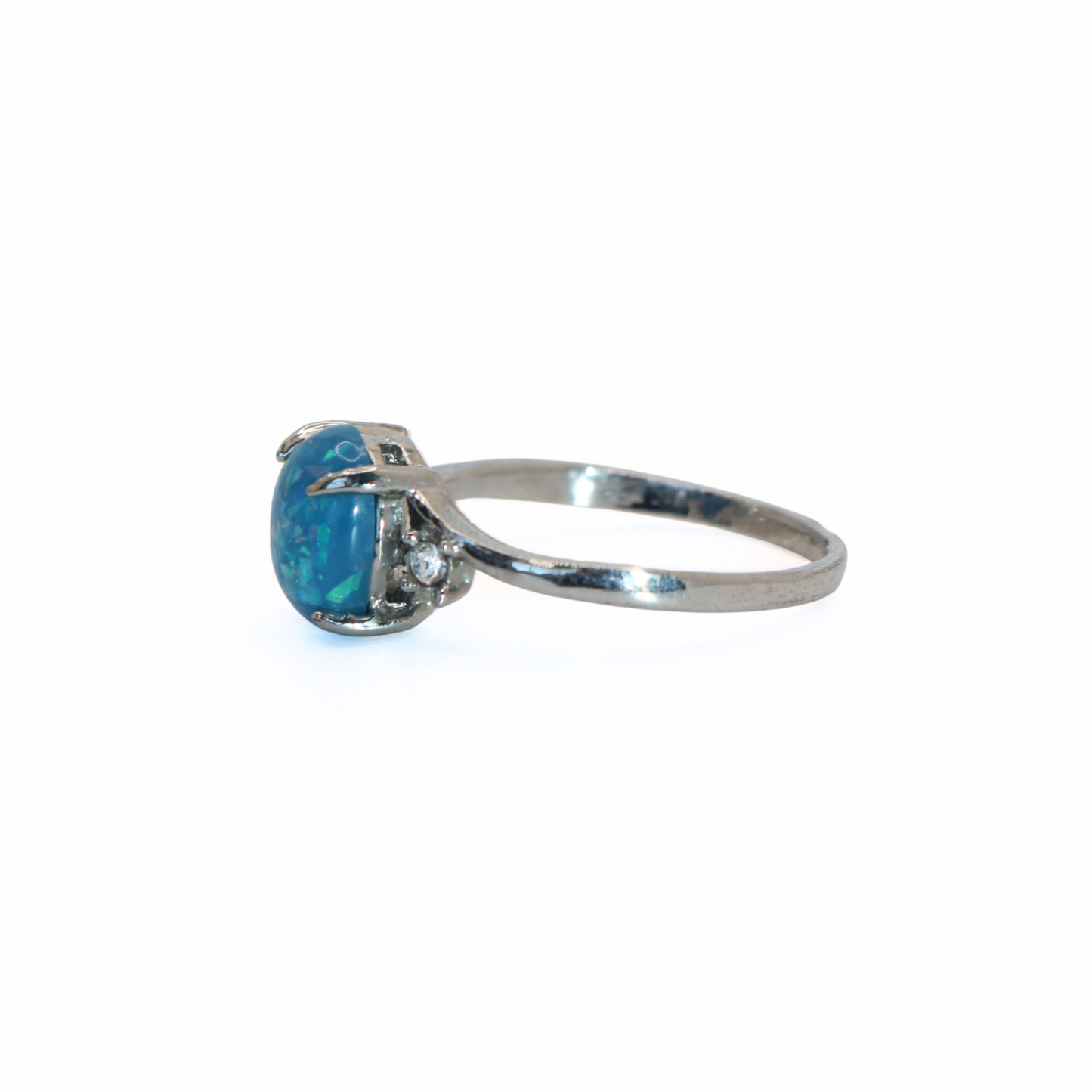 Vintage Silver Tone Blue Opal Style CZ Accent Ring
