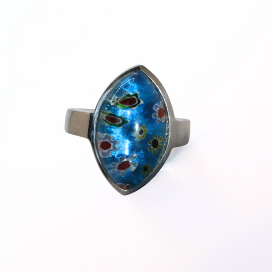 Vintage Silver Tone Blue Millefiori Glass Marquise Ring