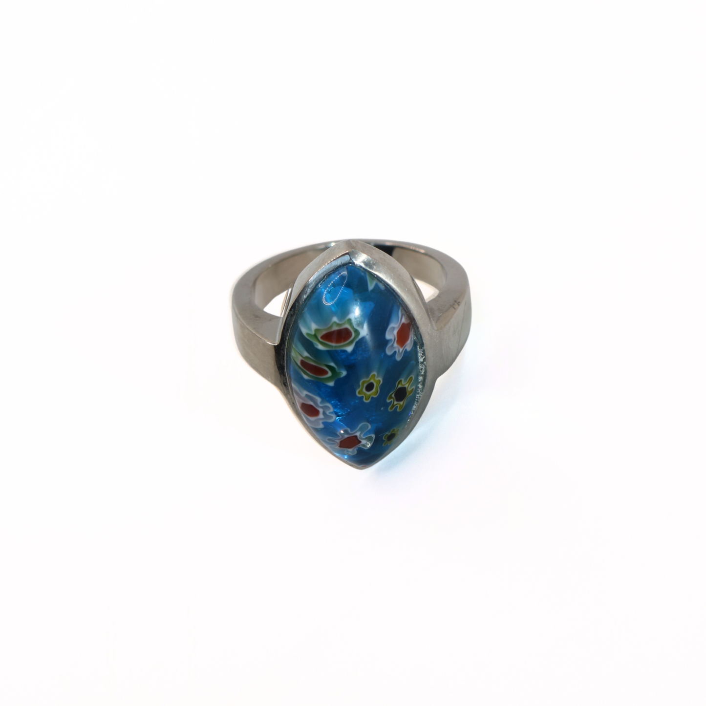 Vintage Silver Tone Blue Millefiori Glass Marquise Ring