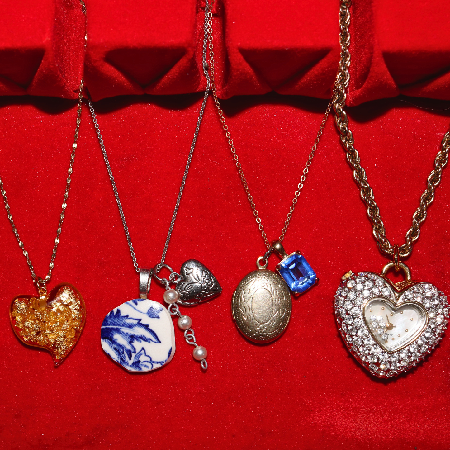 Blue & White China Plate Pendant Necklace with Heart & Pearl Accents