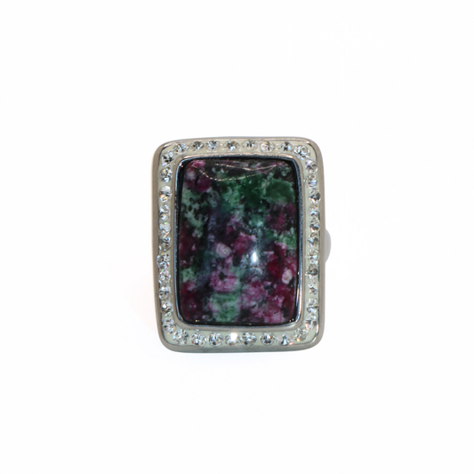 Vintage 316L Stainless Steel Ruby Zoisite Square Halo Ring