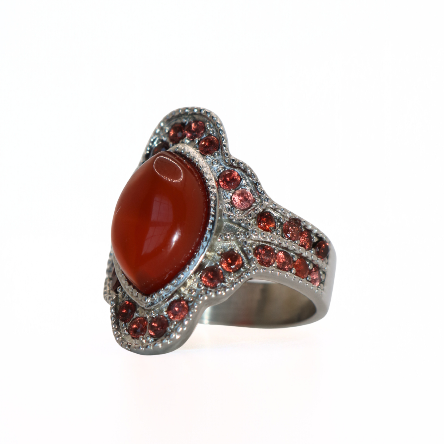 Vintage Silver Tone Carnelian Style Marquise Cocktail Ring