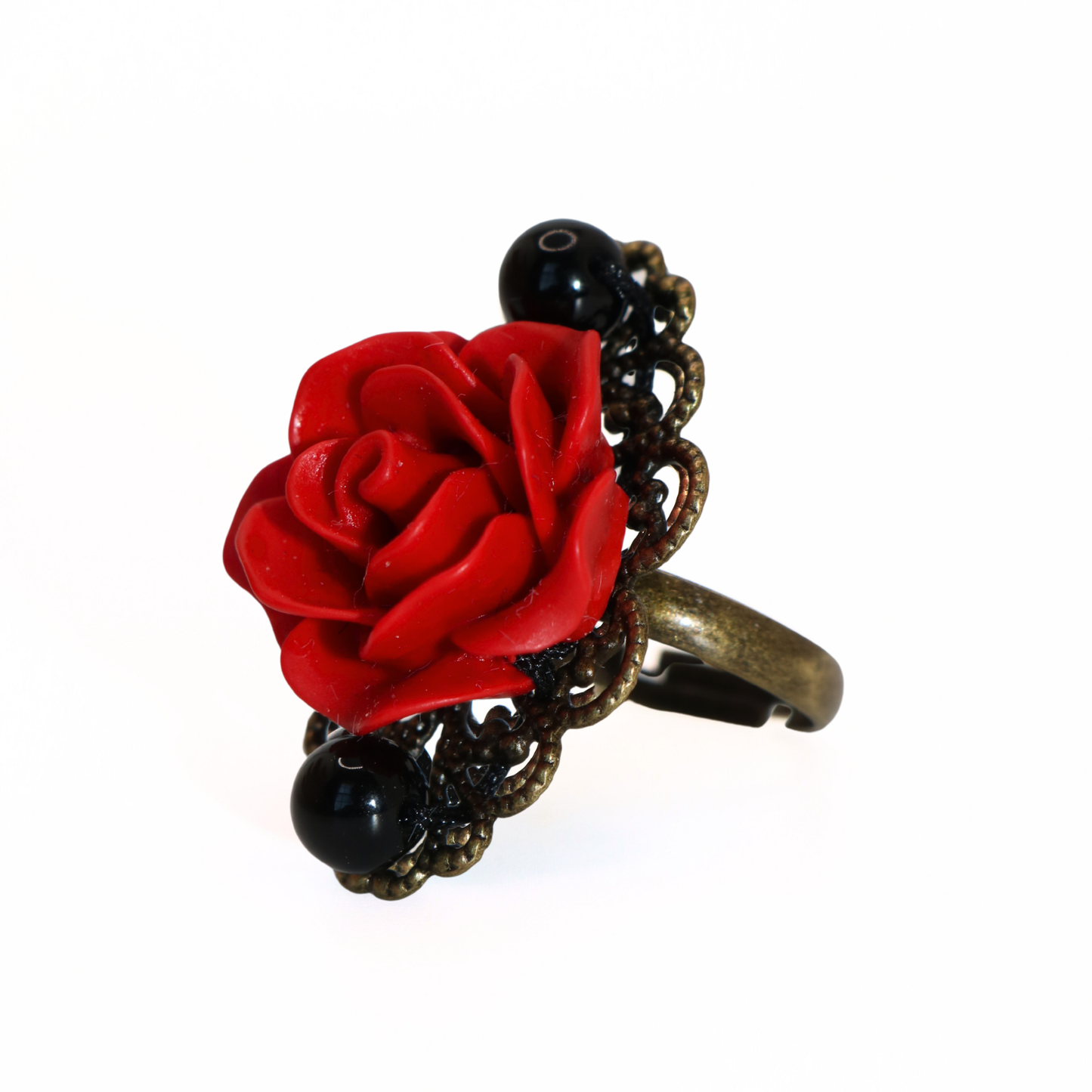 Vintage Brass Tone Red Rose & Black Pearl Filigree Ring