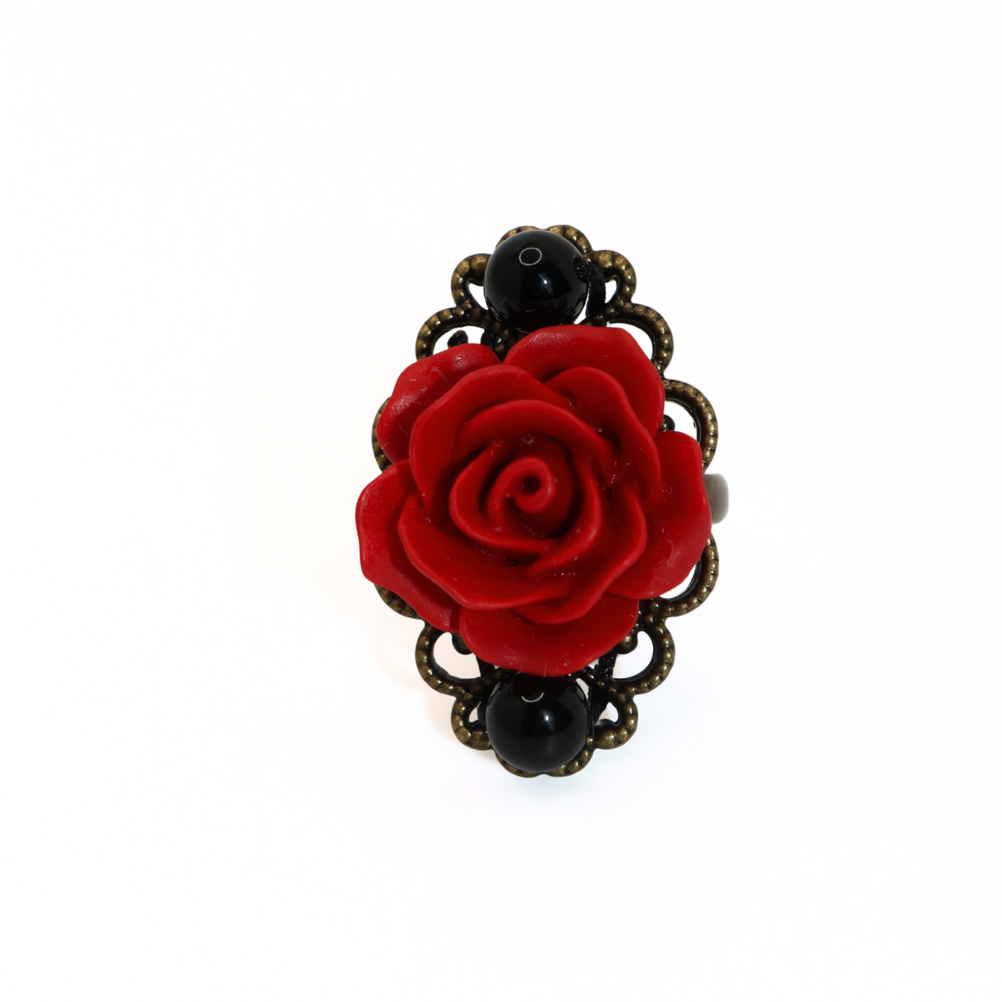 Vintage Brass Tone Red Rose & Black Pearl Filigree Ring
