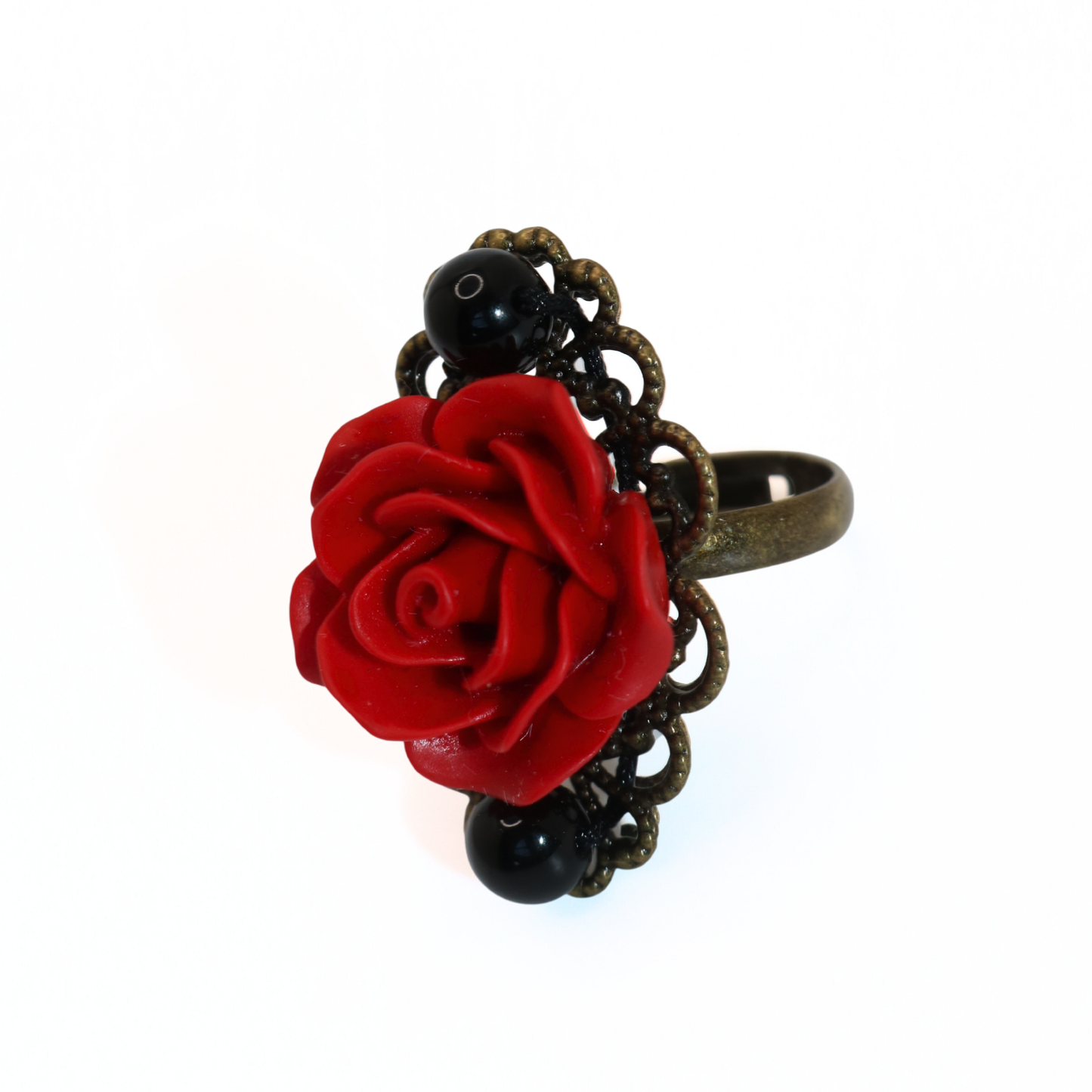 Vintage Brass Tone Red Rose & Black Pearl Filigree Ring
