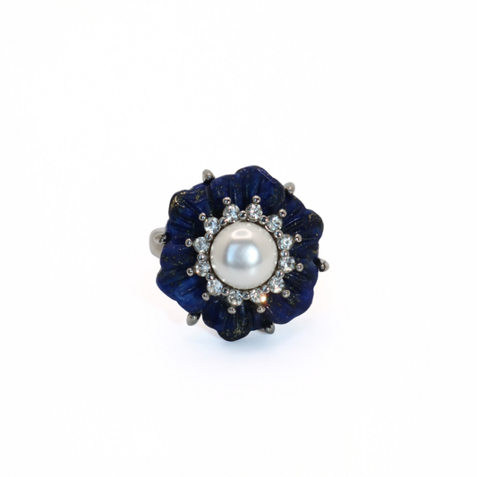 Vintage 316L Stainless Steel Lapis Lazuli Style Carved Flower & Pearl Ring
