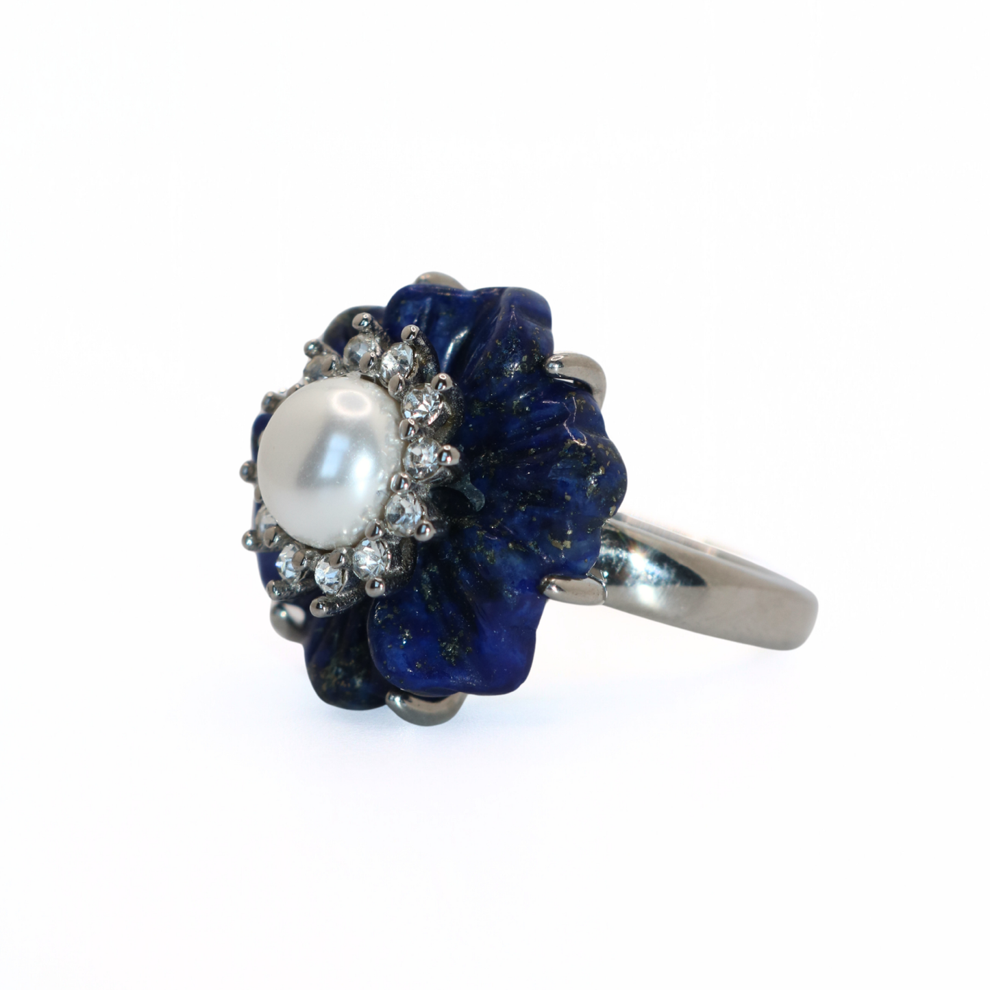 Vintage 316L Stainless Steel Lapis Lazuli Style Carved Flower & Pearl Ring