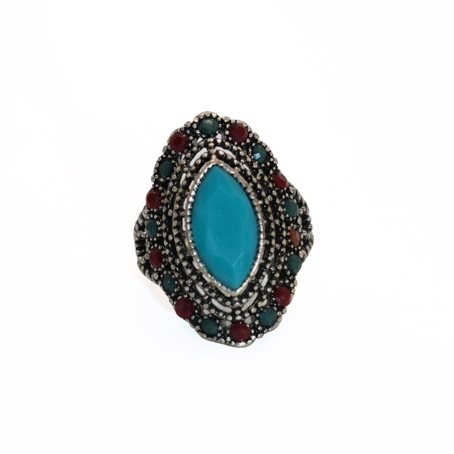 Vintage Silver Tone Turkish Style Turquoise & Multistone Cocktail Ring