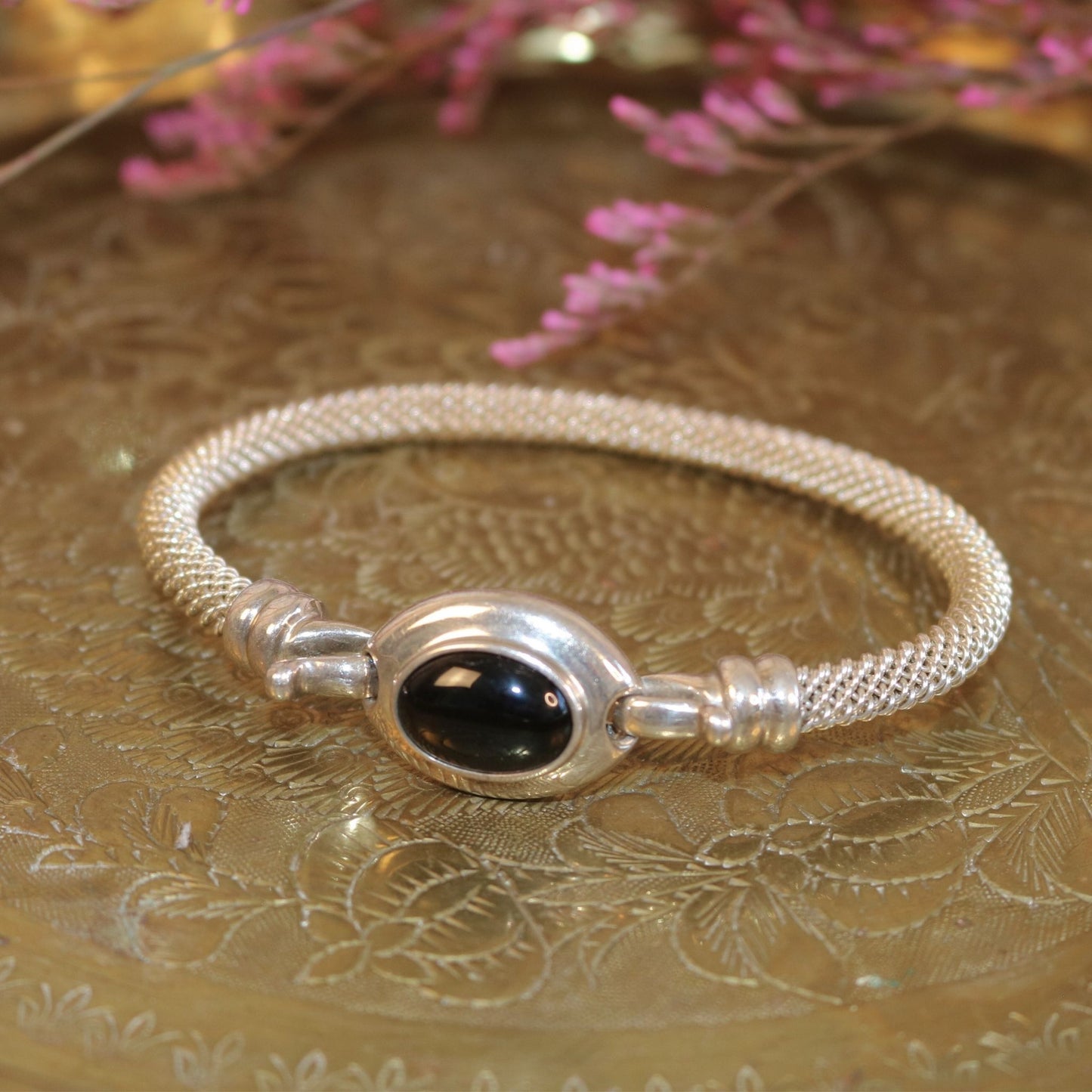 Esposis Sterling Silver Mesh Bracelet with Onyx Cabochon