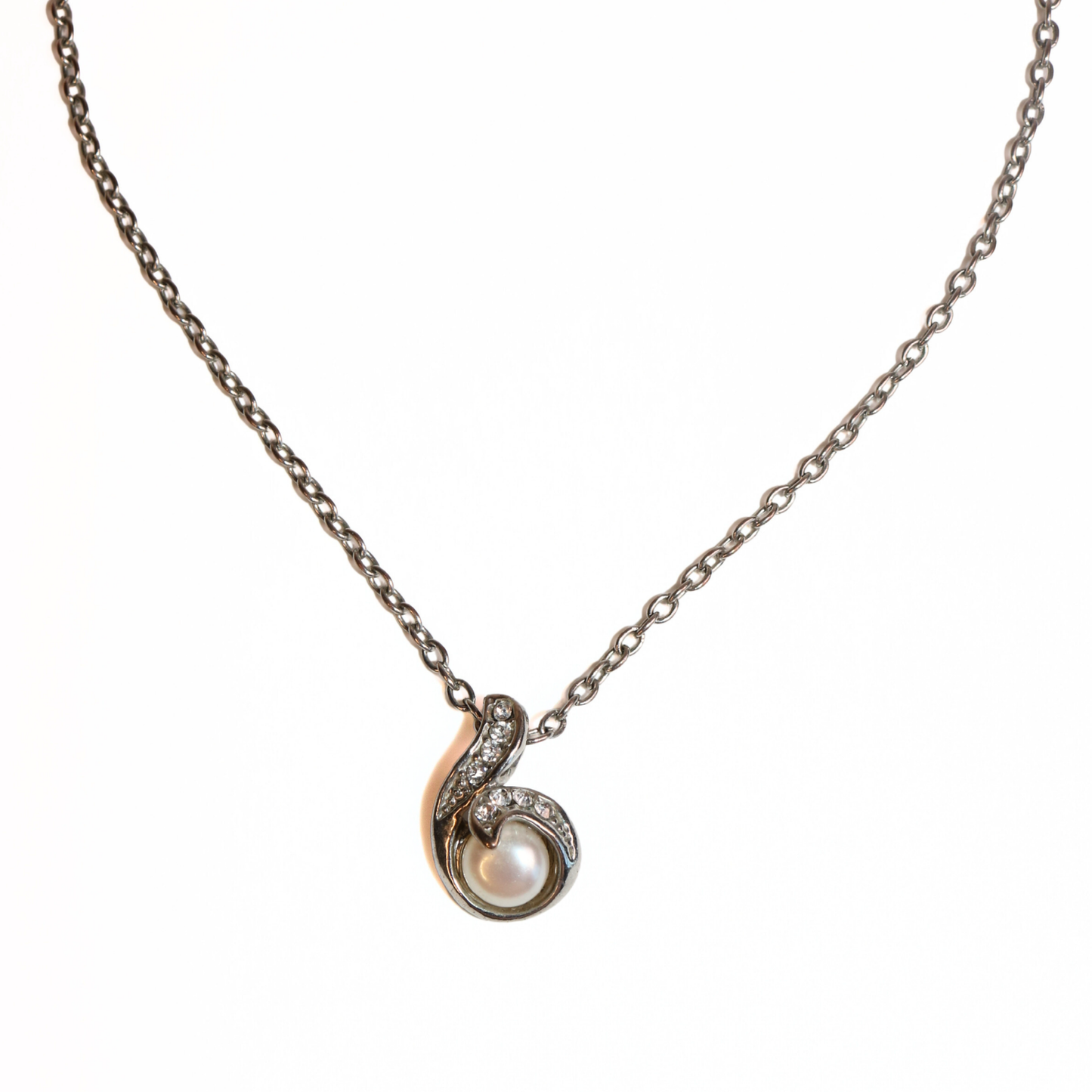 Avon Silver-Tone Chain with Rhinestone & Faux Pearl Pendant