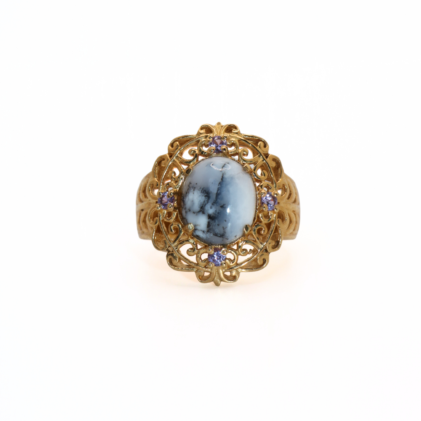 Vintage 316L Stainless Steel Dendritic Opal Style Gold Filigree Ring