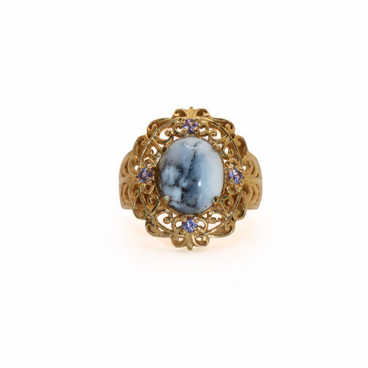 Vintage 316L Stainless Steel Dendritic Opal Style Gold Filigree Ring