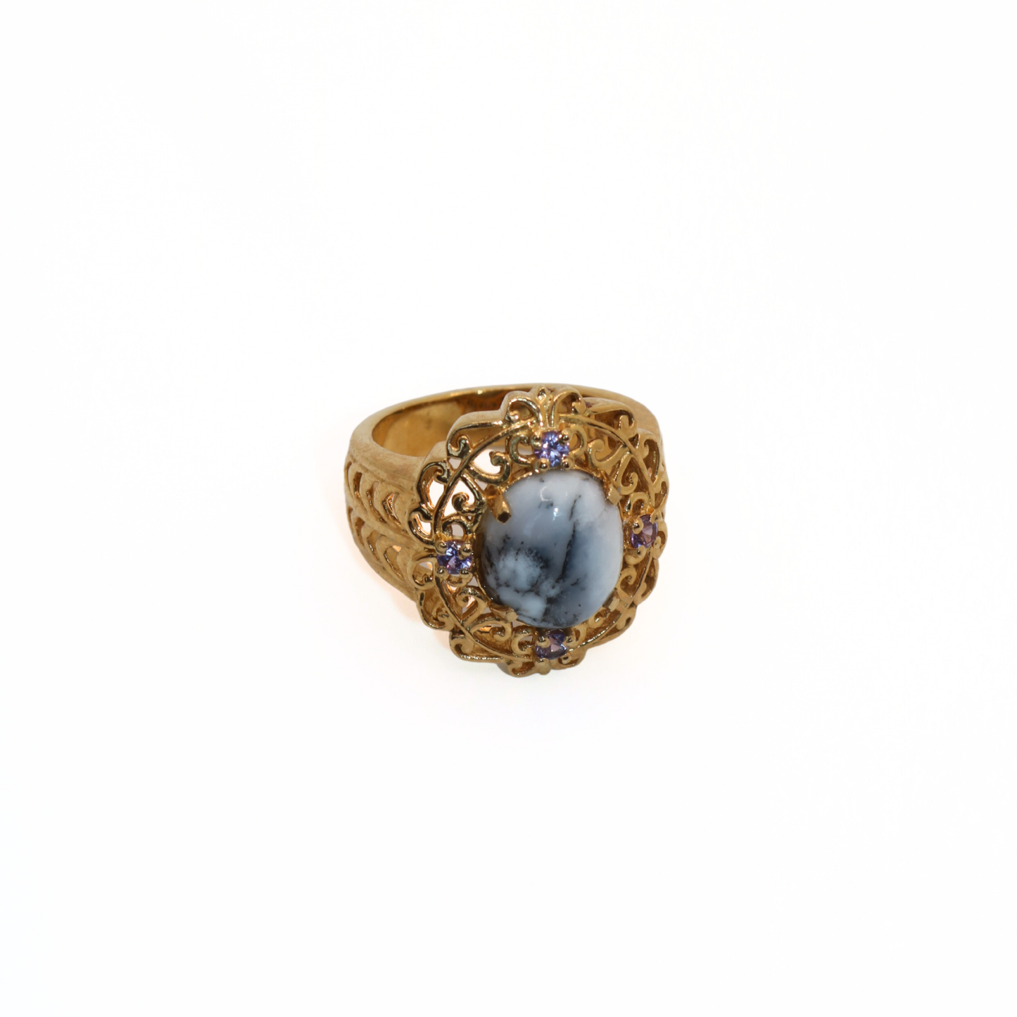 Vintage 316L Stainless Steel Dendritic Opal Style Gold Filigree Ring