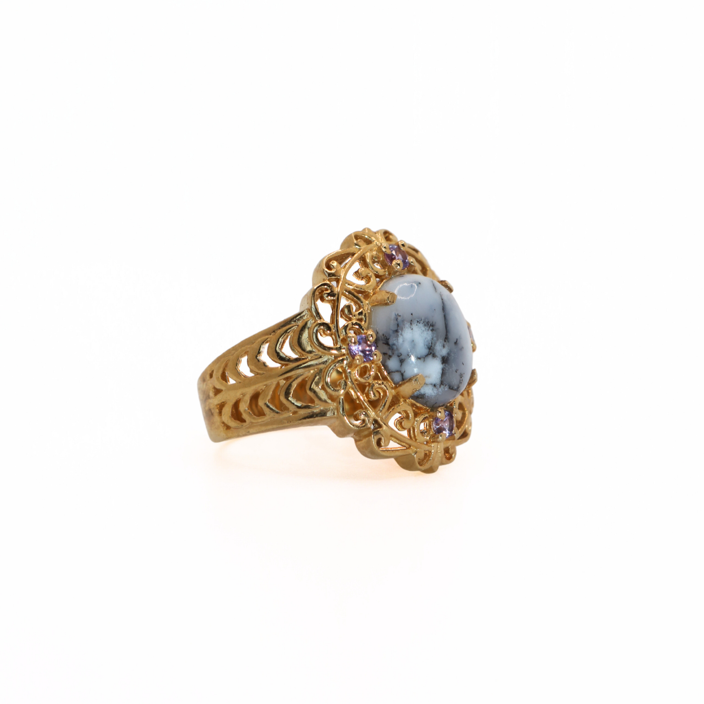 Vintage 316L Stainless Steel Dendritic Opal Style Gold Filigree Ring