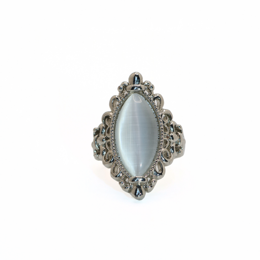 Vintage Silver Tone White Cat's Eye Marquise Baroque Ring