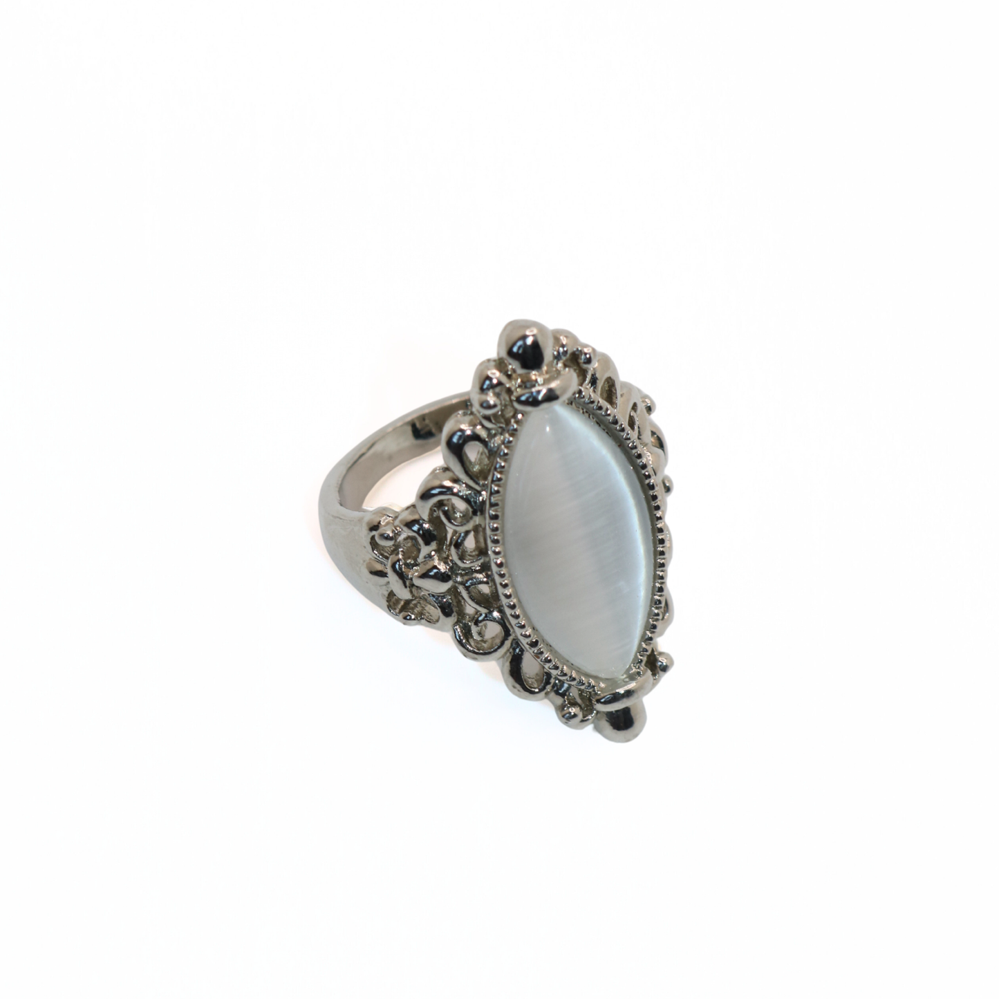 Vintage Silver Tone White Cat's Eye Marquise Baroque Ring