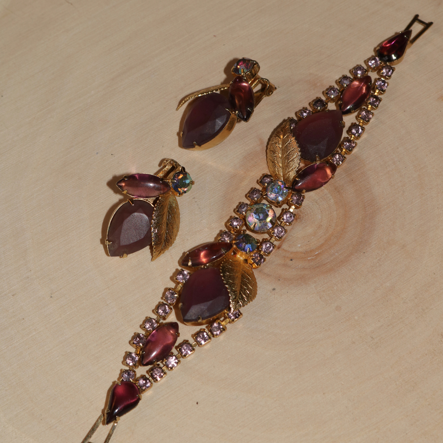 Vintage Purple Rhinestone & Leaf Bracelet