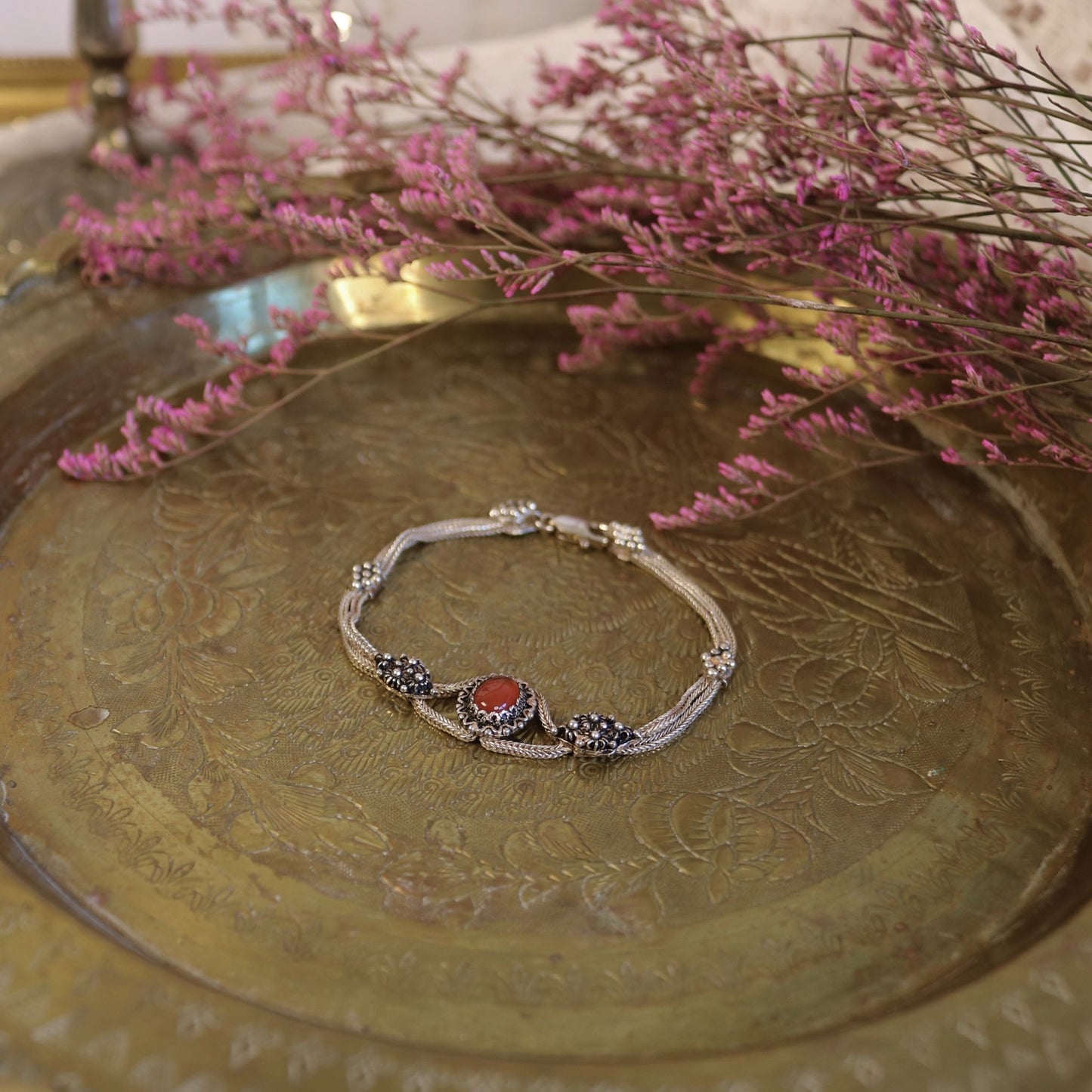 Vintage Sterling Silver Mesh Bracelet with Carnelian Cabochon & Marcasite Accents