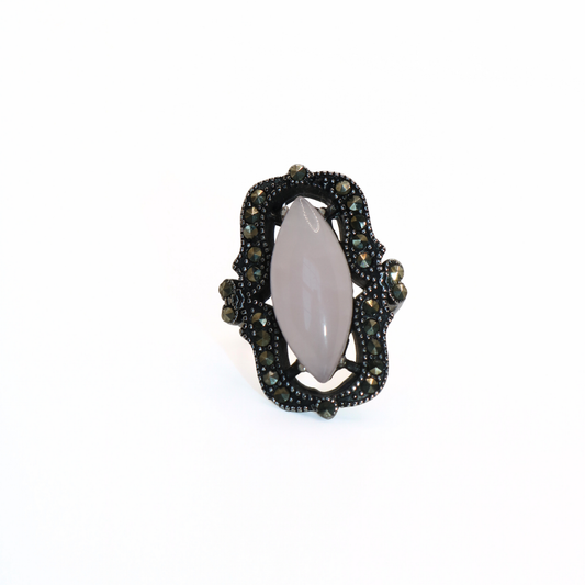 Vintage 316L Stainless Steel Marquise Statement Ring with Marcasite Accents