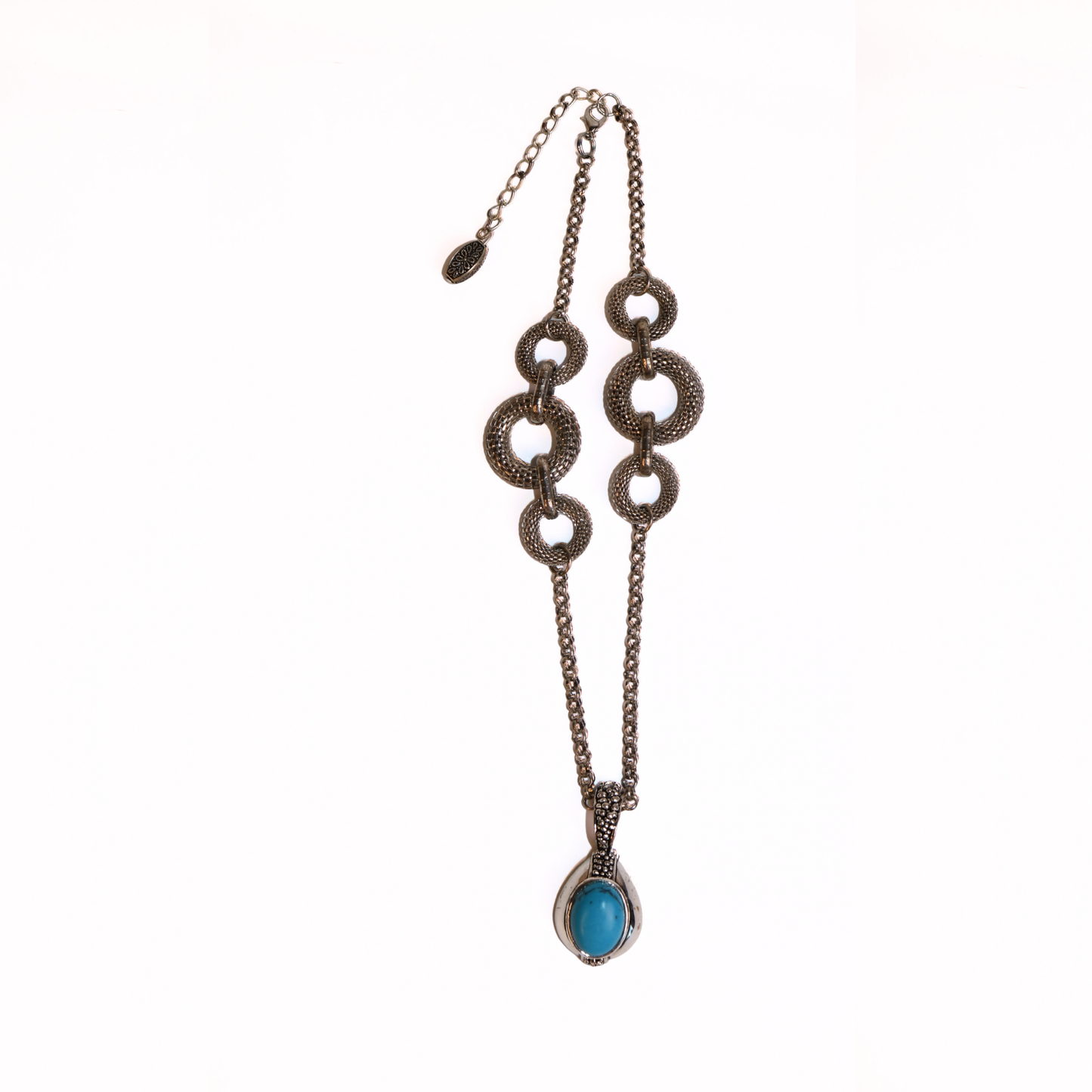 Silver-Tone Turquoise Stone Pendant Necklace with Textured Circle Links