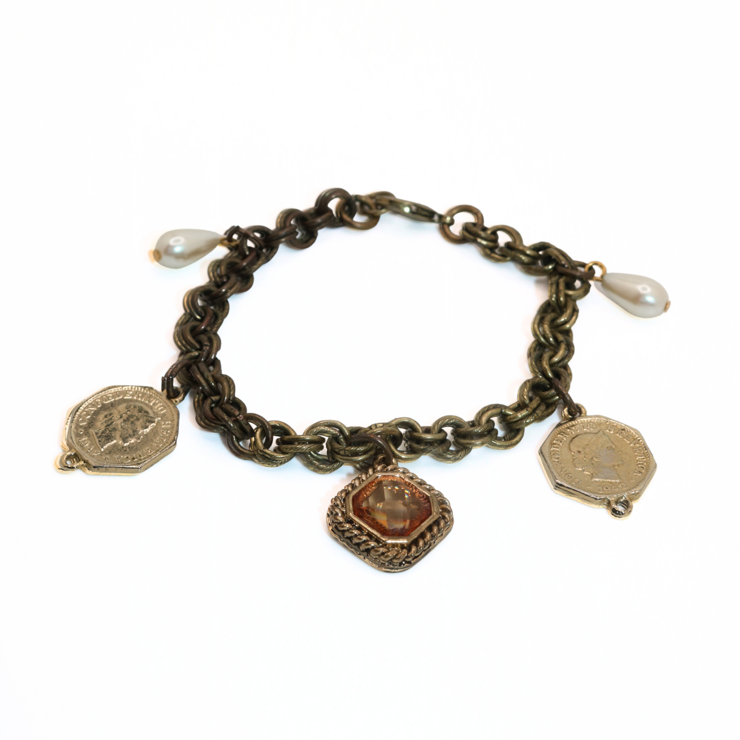 Vintage Reworked Antique Gold Coin & Pearl Charm Bracelet