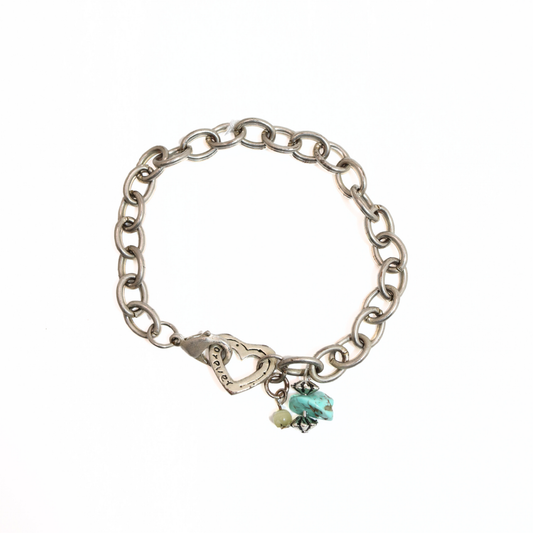 Vintage Silver Tone Heart Charm Bracelet with Turquoise