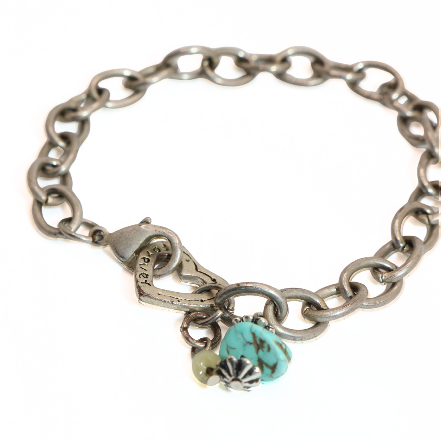 Vintage Silver Tone Heart Charm Bracelet with Turquoise