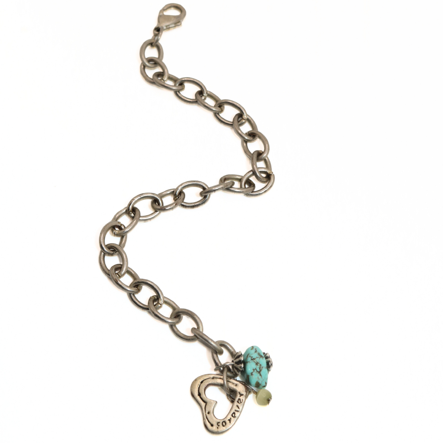 Vintage Silver Tone Heart Charm Bracelet with Turquoise