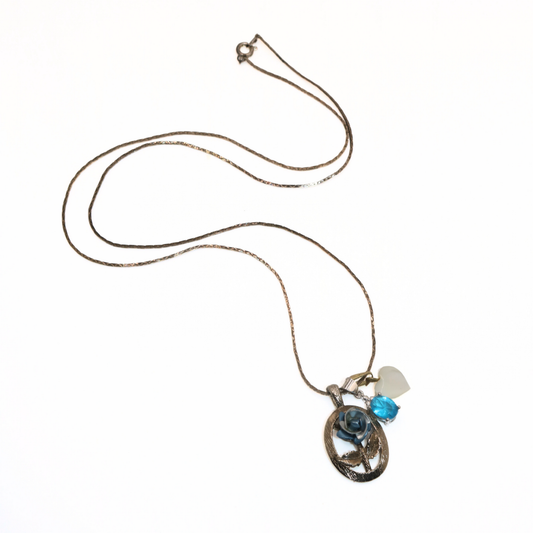 Vintage Reworked Blue Rose Charm Cluster Necklace