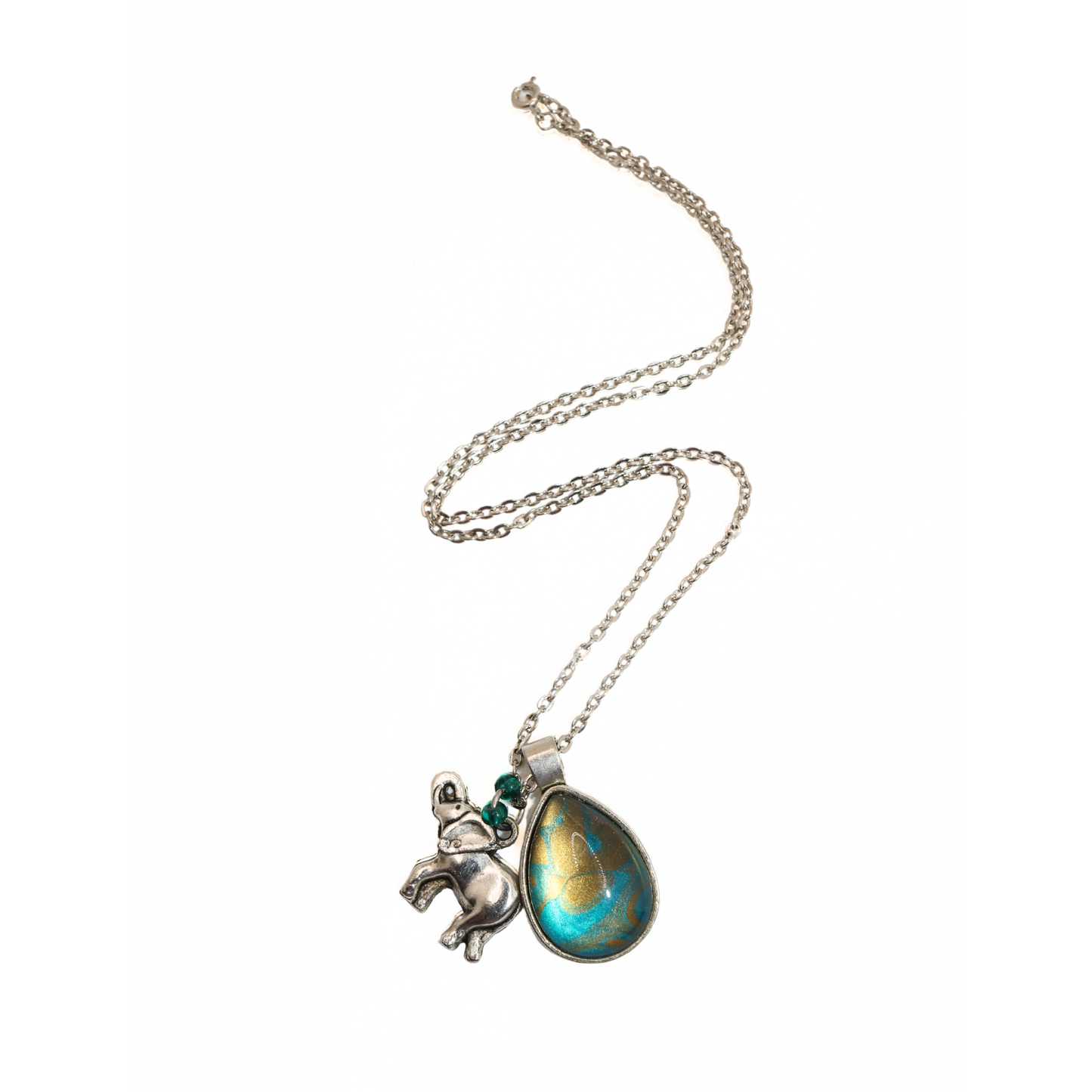 Vintage Reworked Elephant & Teardrop Cabochon Charm Necklace