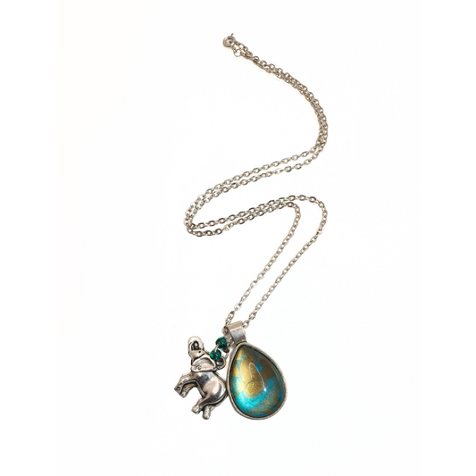 Vintage Reworked Elephant & Teardrop Cabochon Charm Necklace