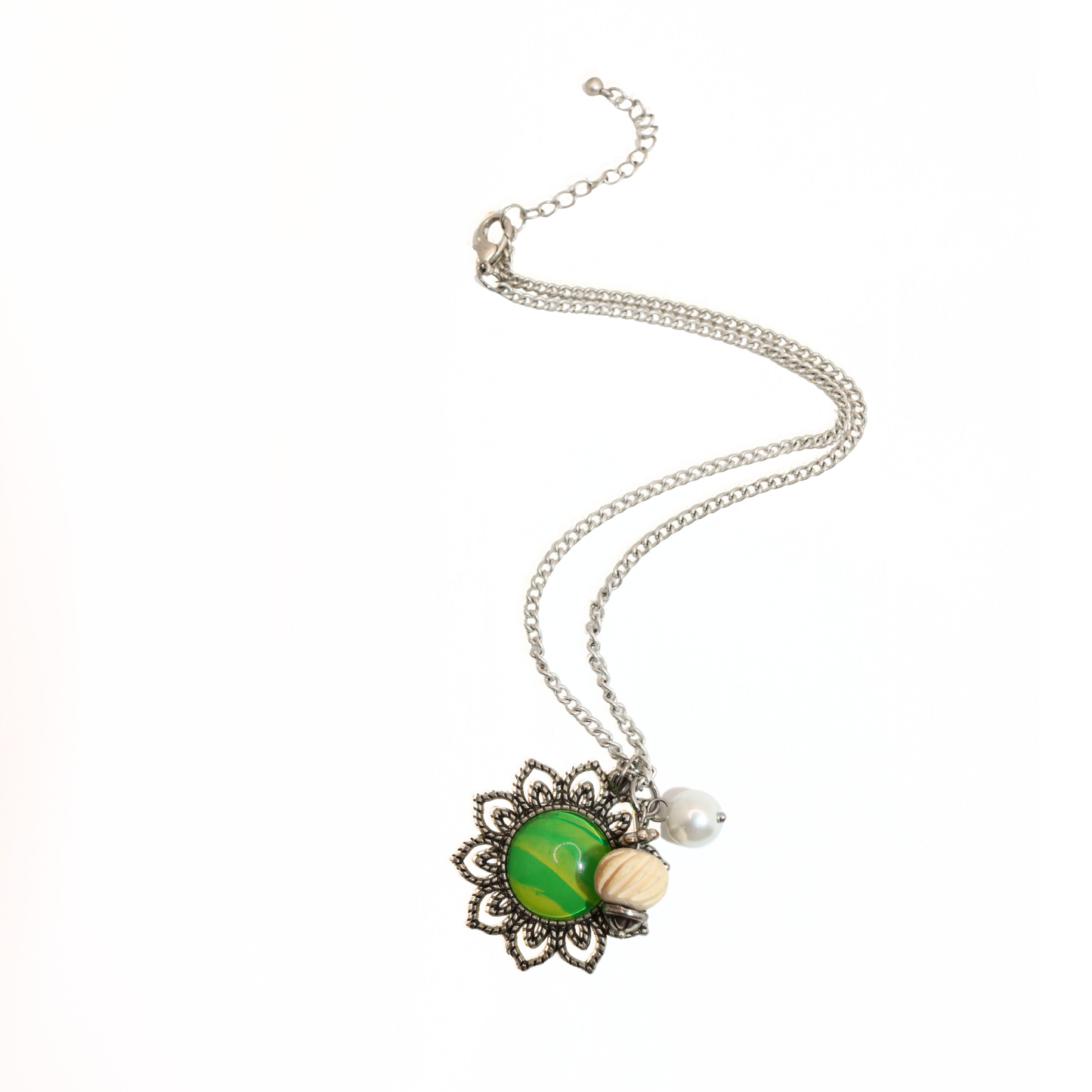 Vintage Reworked Mandala Flower & Green Cabochon Charm Necklace