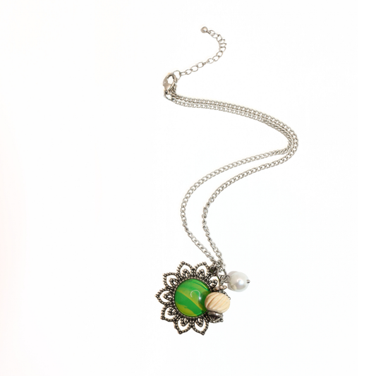 Vintage Reworked Mandala Flower & Green Cabochon Charm Necklace