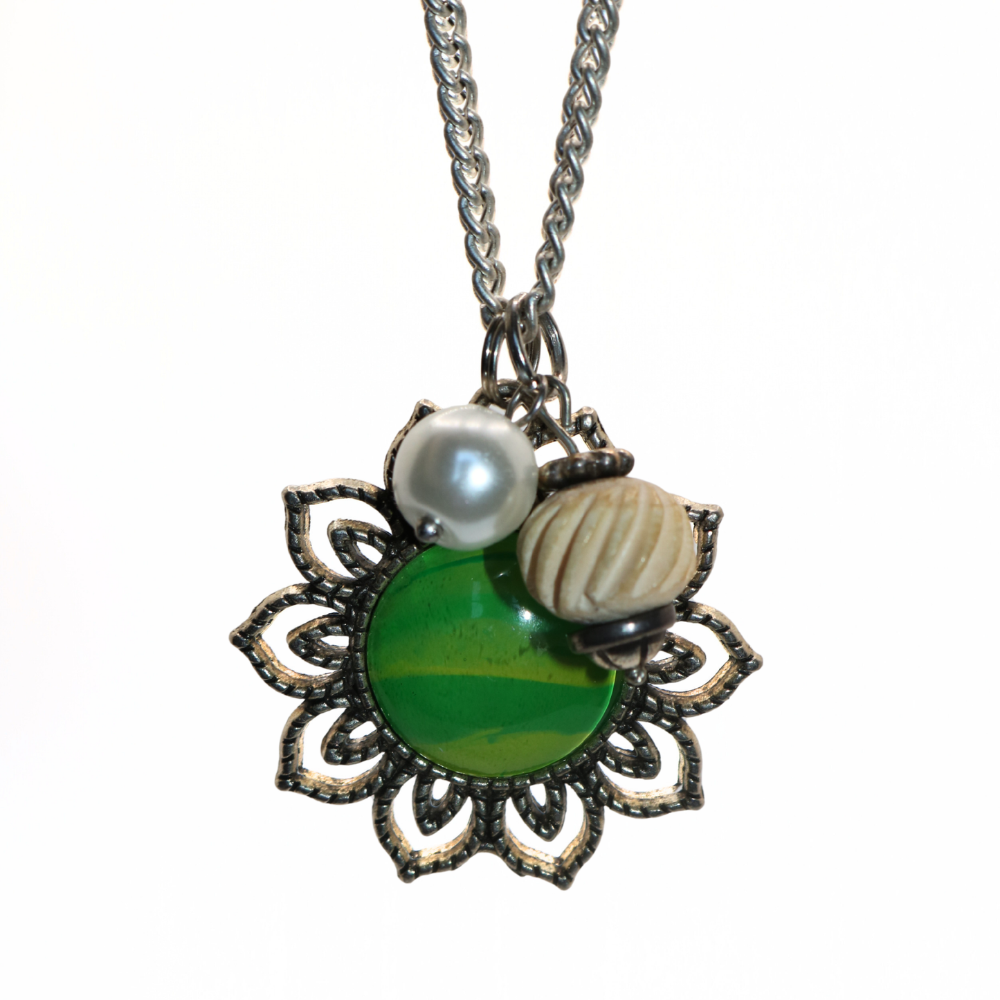 Vintage Reworked Mandala Flower & Green Cabochon Charm Necklace