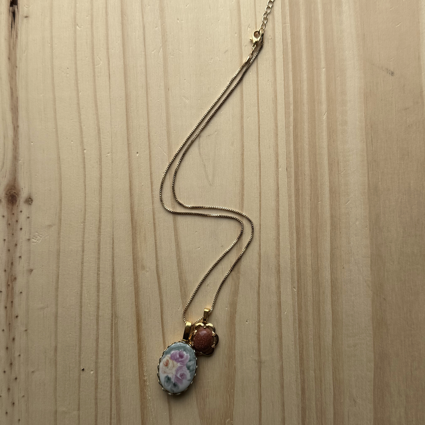 Vintage Gold-Tone Pastel Floral and Brown Gemstone Charm Necklace