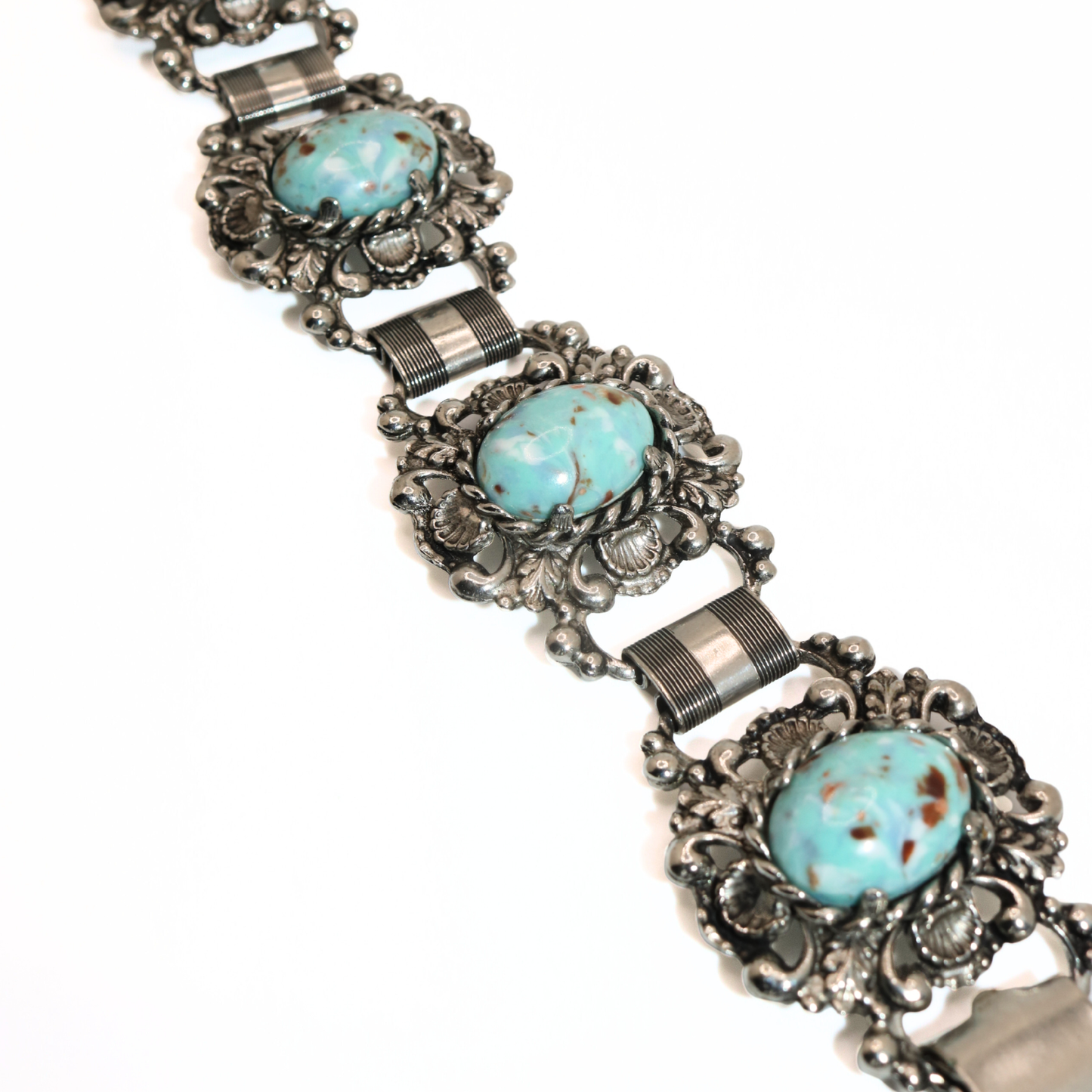 Vintage Silver Tone Turquoise Cabochon Floral Panel Bracelet
