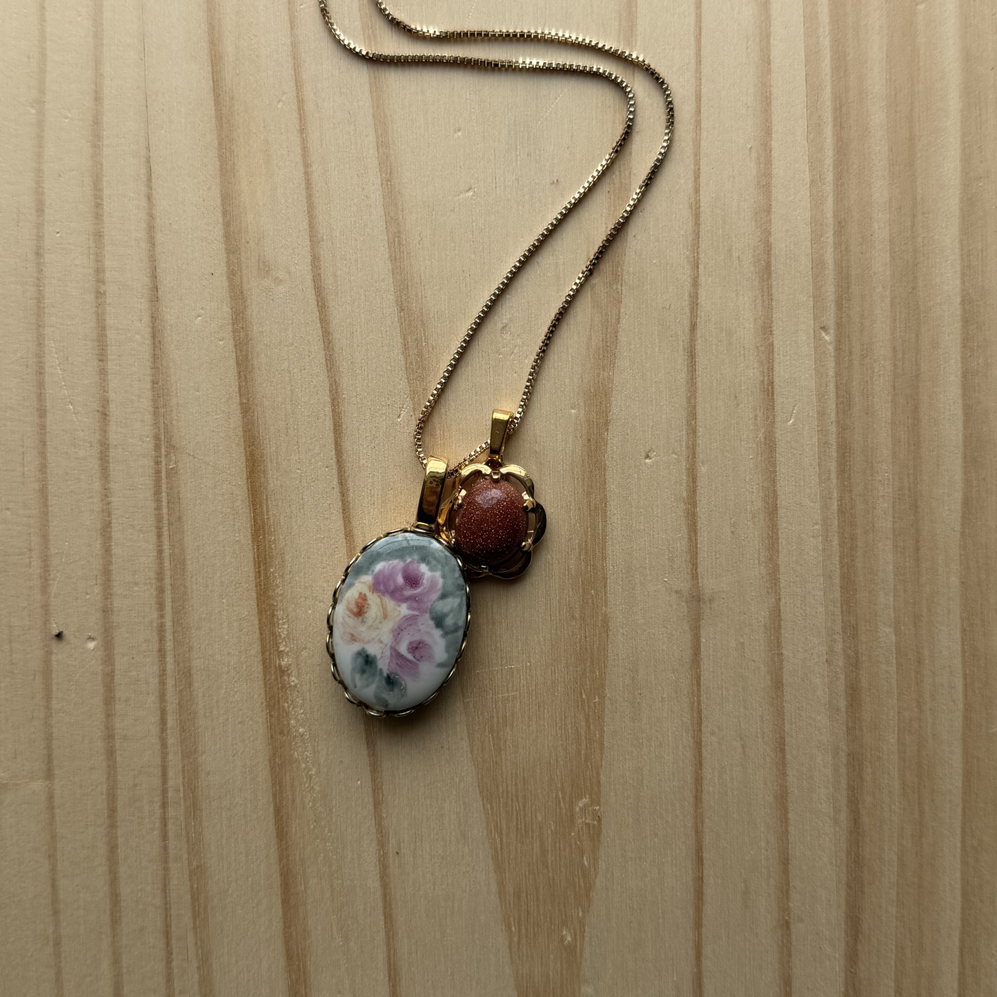 Vintage Gold-Tone Pastel Floral and Brown Gemstone Charm Necklace