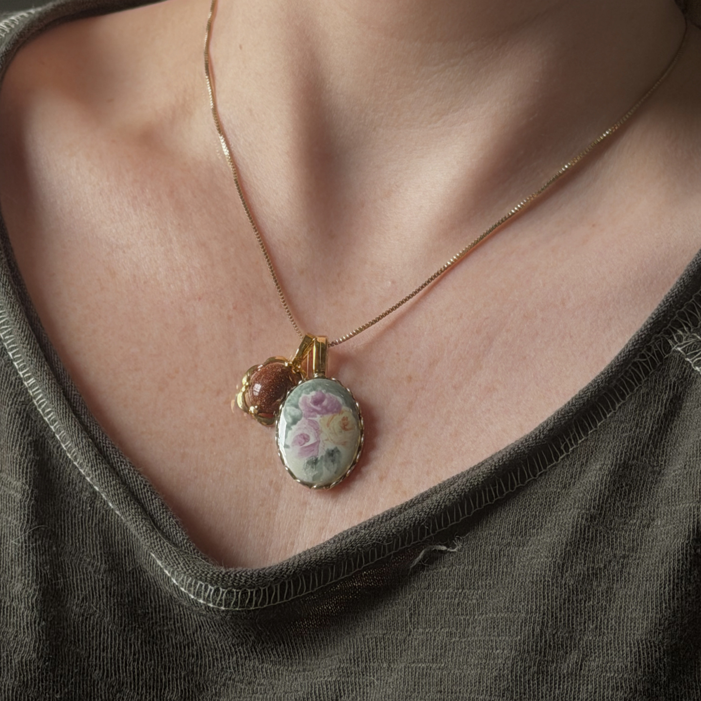 Vintage Gold-Tone Pastel Floral and Brown Gemstone Charm Necklace