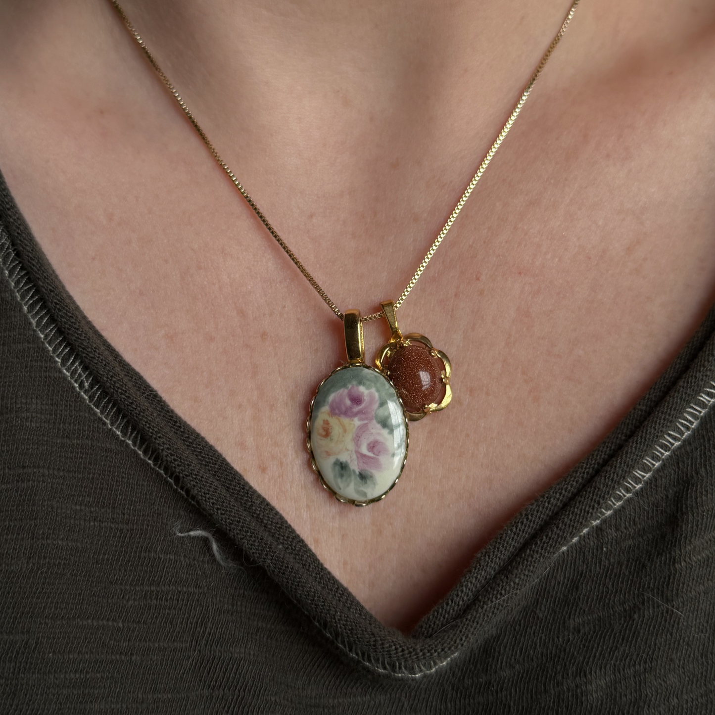 Vintage Gold-Tone Pastel Floral and Brown Gemstone Charm Necklace