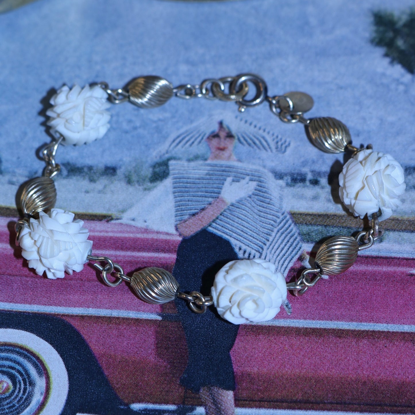 Vintage Gold Filled Bracelet with White Carved Flower Charms