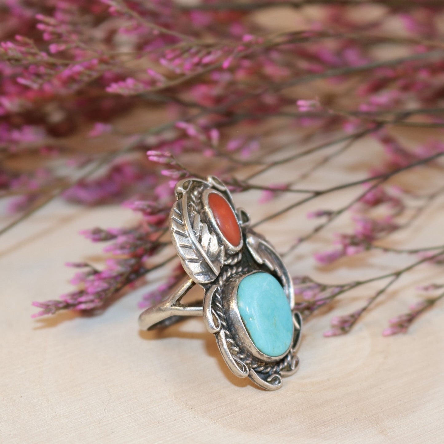 Vintage Sterling Silver Ring with Turquoise & Coral Cabochons