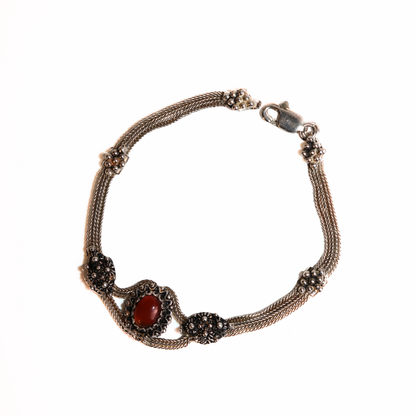 Vintage Sterling Silver Mesh Bracelet with Carnelian Cabochon & Marcasite Accents