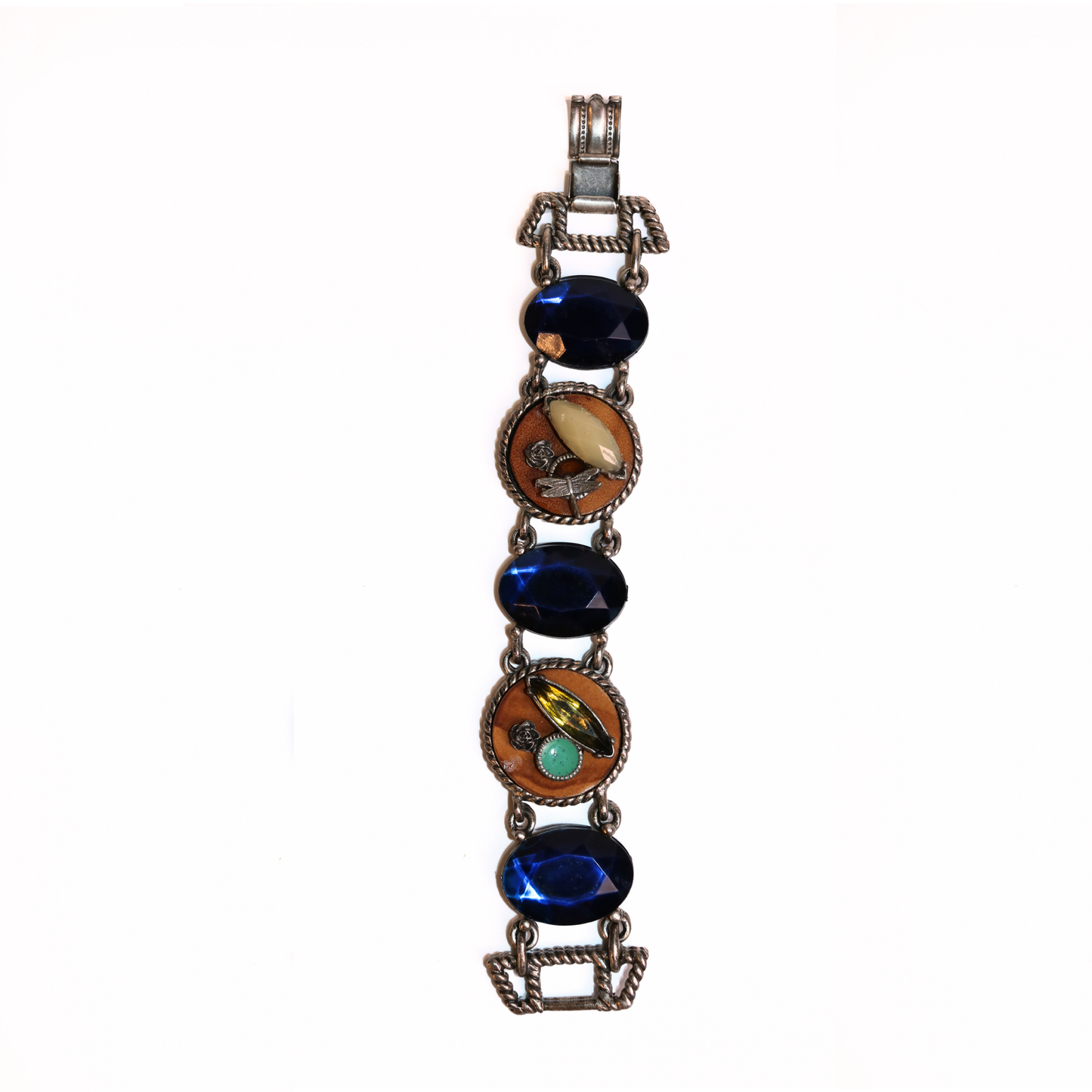 Vintage 1950s Statement Link Bracelet with Blue Stones & Mixed Media