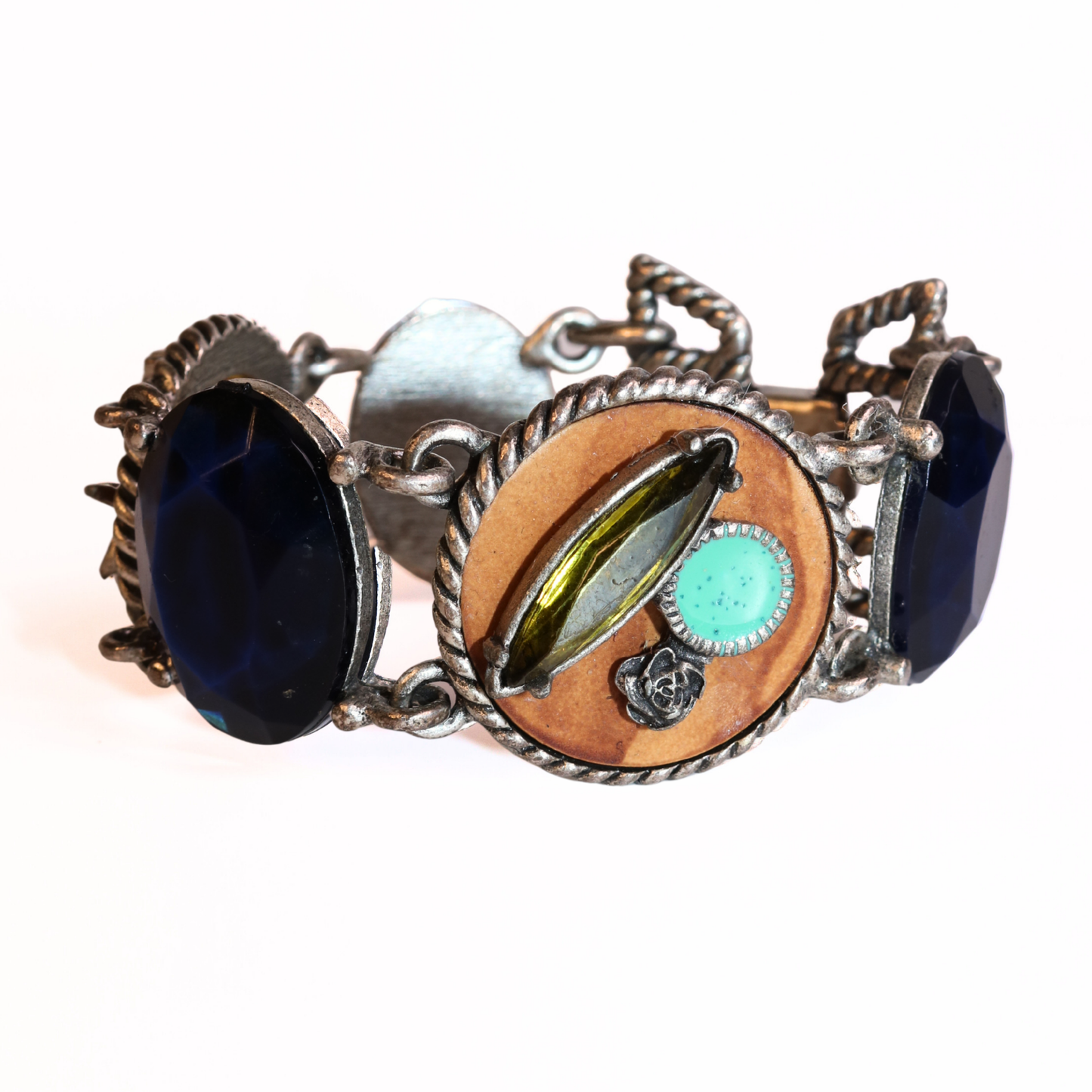 Vintage 1950s Statement Link Bracelet with Blue Stones & Mixed Media