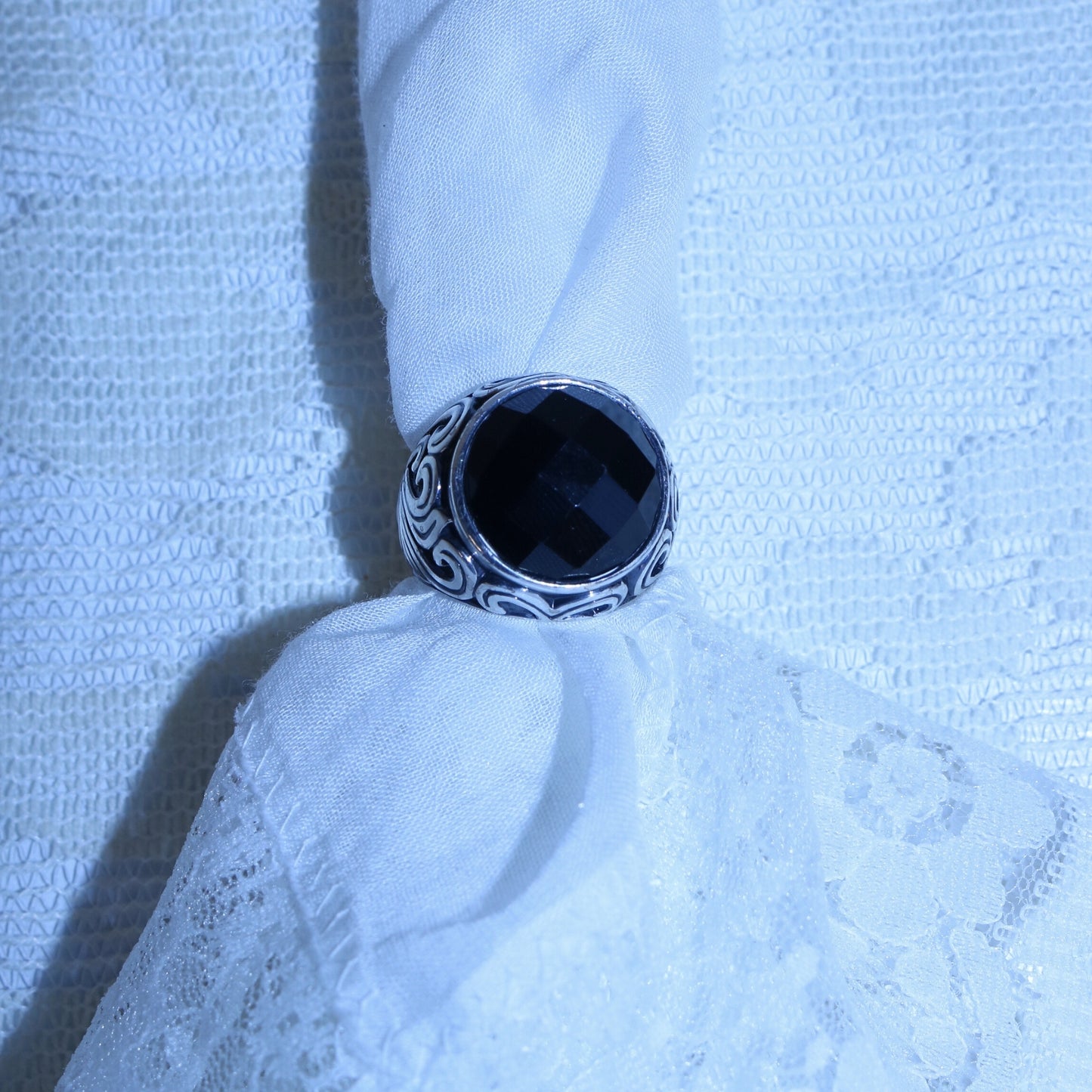 Vintage Silver Tone Statement Ring with Black Stone