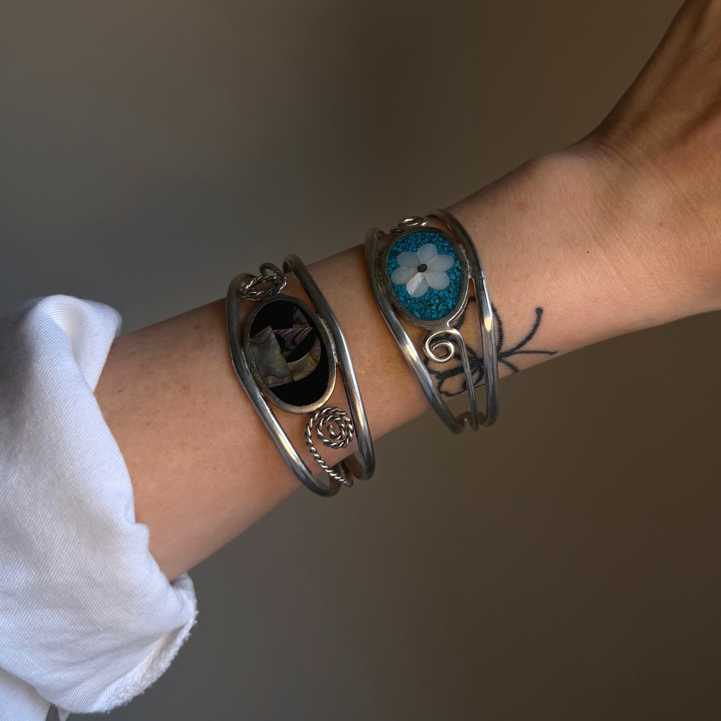 Vintage Turquoise Mosaic Flower Sterling Silver Cuff Bracelet