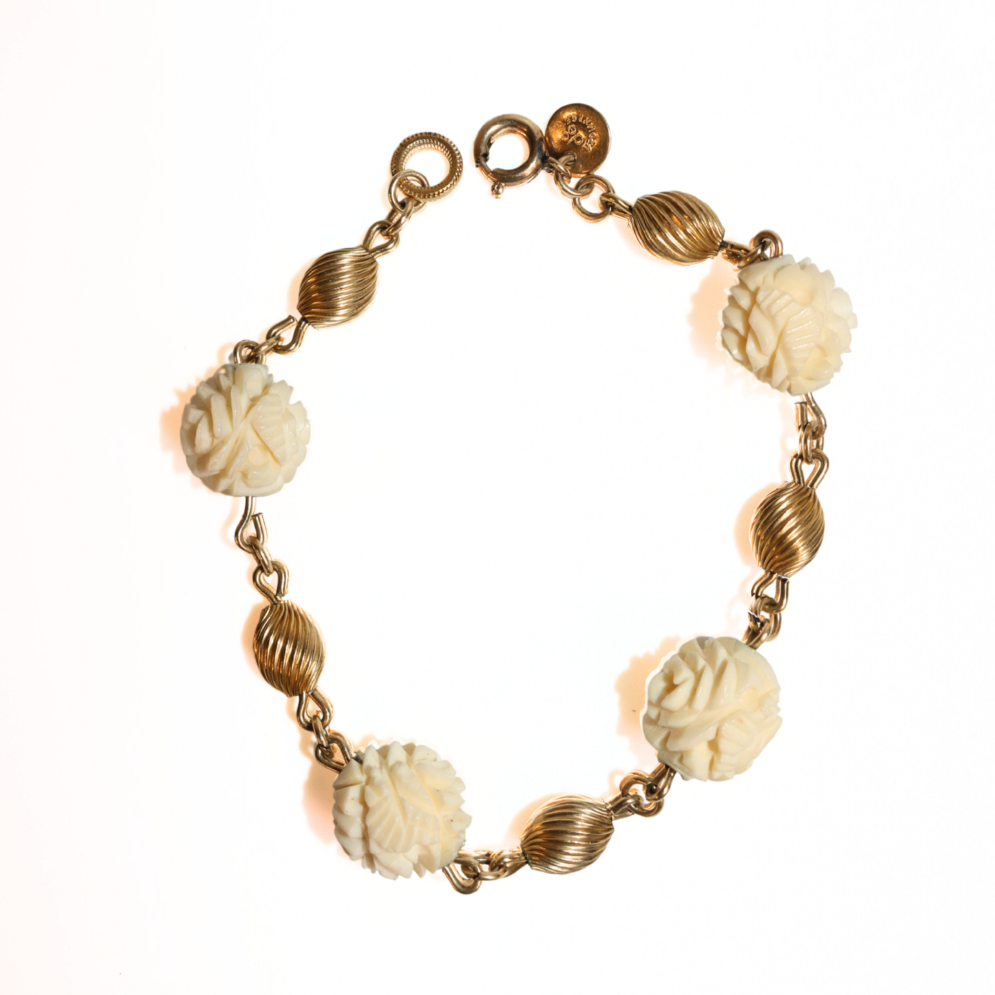 Vintage Gold Filled Bracelet with White Carved Flower Charms