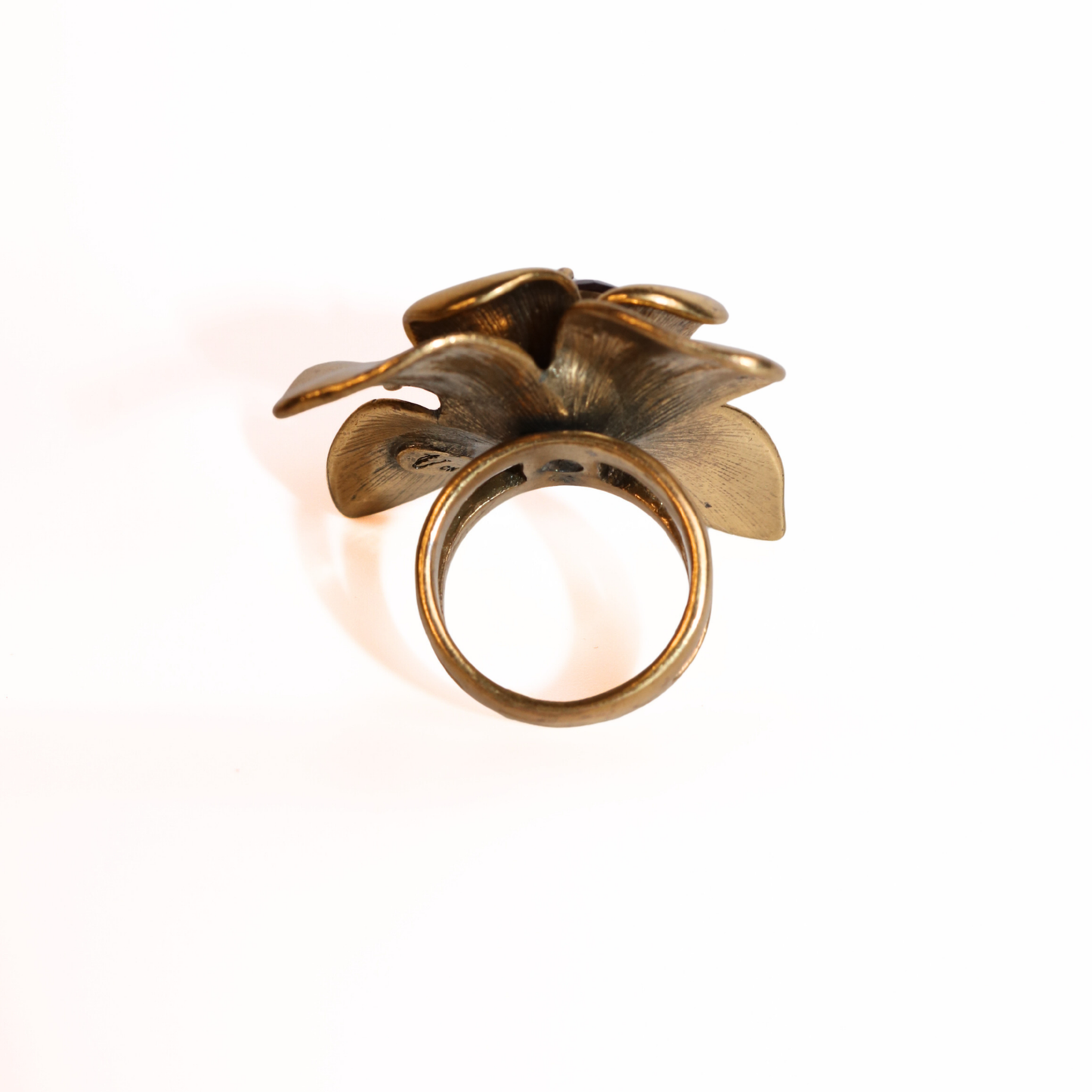 Vintage Gold Tone Flower Ring with Red Stone
