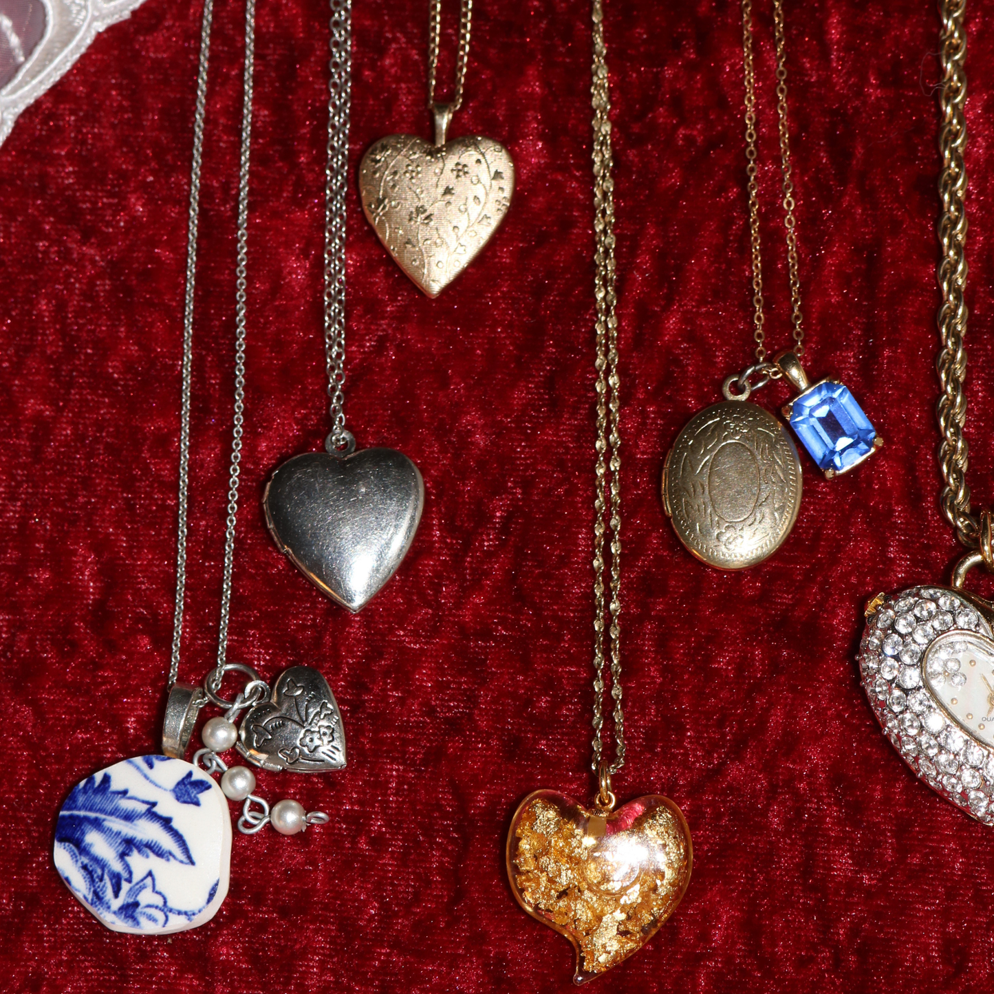 Blue & White China Plate Pendant Necklace with Heart & Pearl Accents